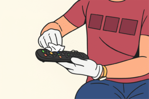 A man is cleaning tv remote wiring gloves using tissue