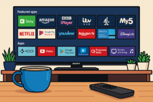 Smart TV displaying apps and a remote next to it. 
